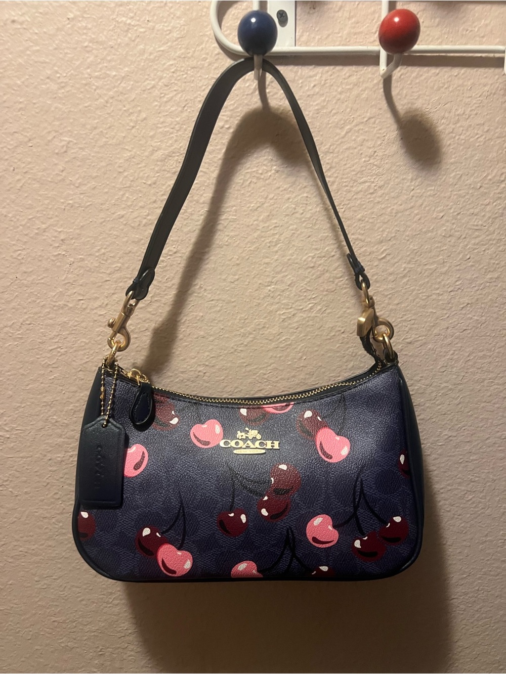 Coach Navy Cherry Shoulder Bag with Pink & Red Print - Picture 1 of 3